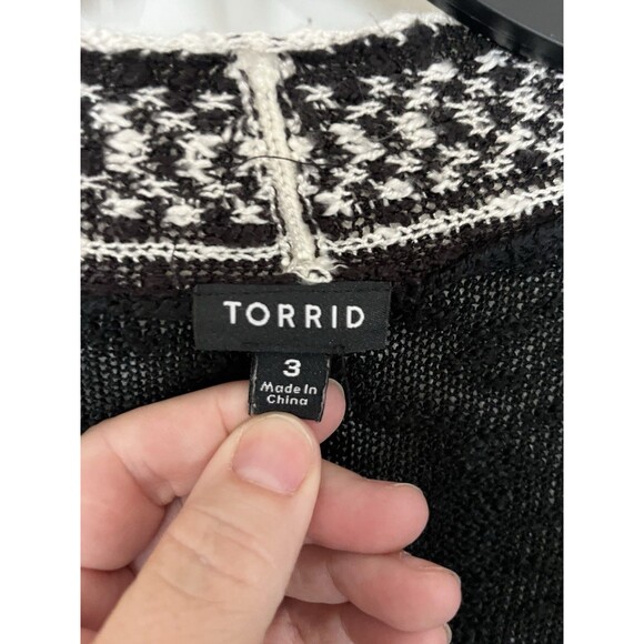 Torrid Black Cardigan Size 3 White Geo Border Open Front - Picture 6 of 7